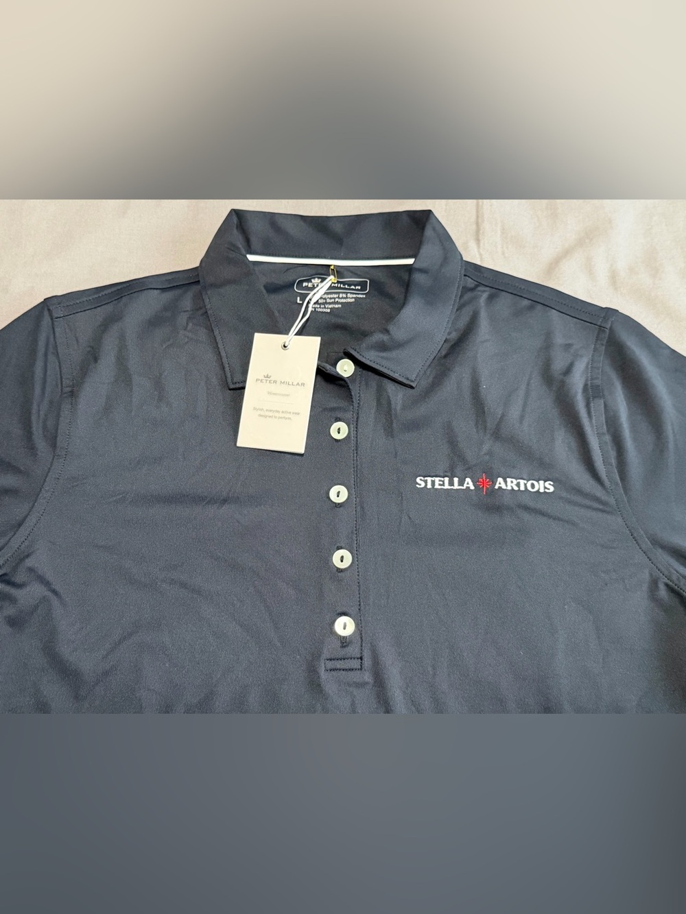 Peter Millar X Stella Artois Women’s Polo Shirt Black Large UPF 50+ Stretch - Picture 1 of 7